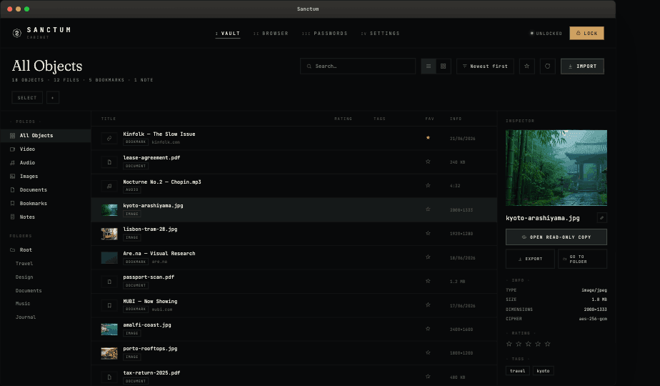 Sanctum vault — list view of encrypted files, bookmarks and notes
